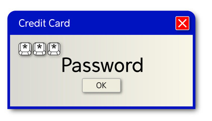 Retro os button with password text. Password text on the computer window alert popup. Retro pc interface, vintage web browser alert, old screen vector illustration.