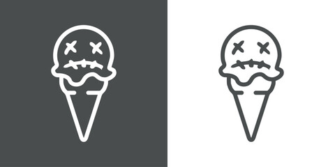 Logo ice cream. Bola de helado en cono de waffle con líneas con cara de zombi triste  © teracreonte
