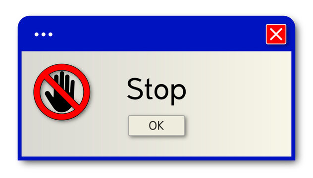 Retro os button with STOP text. Stop text on the computer window alert popup. Retro pc interface, vintage web browser alert, old screen vector illustration.