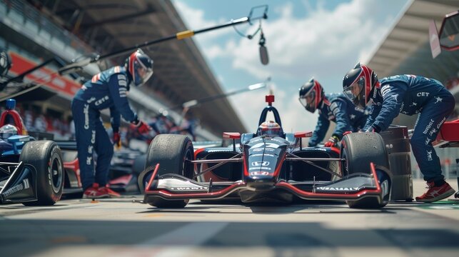 Pit crew in action at car race pit stop, showcasing ultimate teamwork in digital art