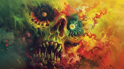 Obraz premium A painting of a skull with bright colors and swirls, AI