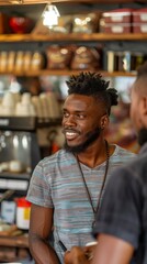 Fototapeta premium Two men, one with dreadlocks, stand in a coffee shop