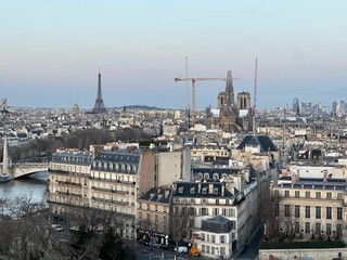 Naklejka premium Beautiful buildings, Eiffel tower and river in Paris, view from hotel window