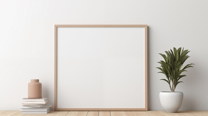 Minimalist Interior with Wooden Frame, Books, and Plant

