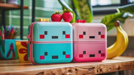 Pixel art lunch box, bright and fun, innovative and nostalgic