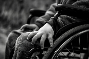 Obraz premium Generated by AI illustration of disabled man woman person using wheelchair on city nature park outdoors disability insurance