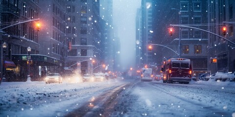 Obraz premium Snow-covered residential street with parked cars during a heavy winter storm. Winter season and weather concept. Image for weather report, banner with copy space.