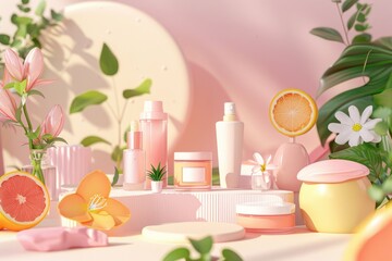 Natural Floral Skincare Product Arrangement - 3D Cartoon Illustration for Beauty and Wellness Design