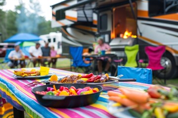 A close-up of a family preparing a delicious outdoor barbecue next to their motorhome, with colorful chairs and tables set up