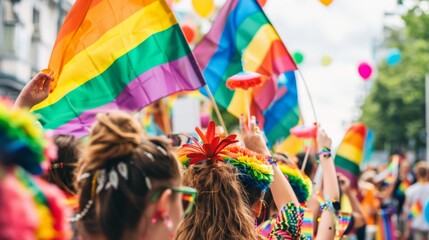 Crowd celebrating with rainbow flags at a public event