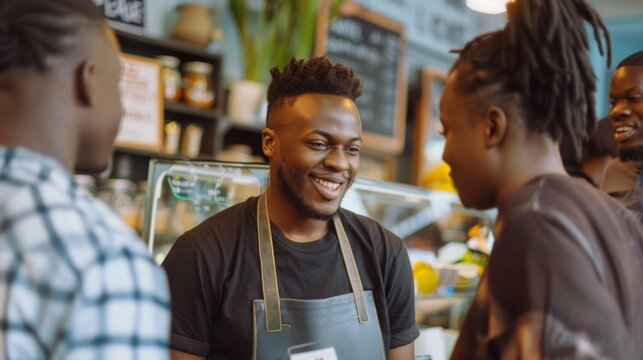 Barista smiles and interacts with customers at a coffee shop counter - Powered by Adobe