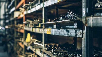 Industrial shelves filled with metal parts, close-up, factory storage, no humans, organized chaos, dim lighting 