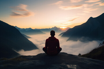 Generative AI illustration happy yoga person enjoying medication in natural wild conditions beautiful view