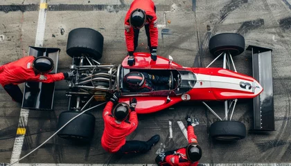Gordijnen Formula one pit stop  red jumpsuit crew showcases teamwork in competitive racing © Maksym