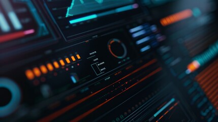 Naklejka premium Close-up, factory logistics dashboard, monitor tracking shipments, no humans, detailed display, soft glow