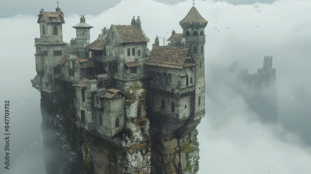 Wall mural a castle is perched on top of a cliff in the clouds, ai