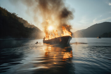 水, 湖, 海, ボート, 船, 火事, 火災, 燃える船, 事故, Water, Lake, Sea, Boat, Fire, Burning Boat, Accident