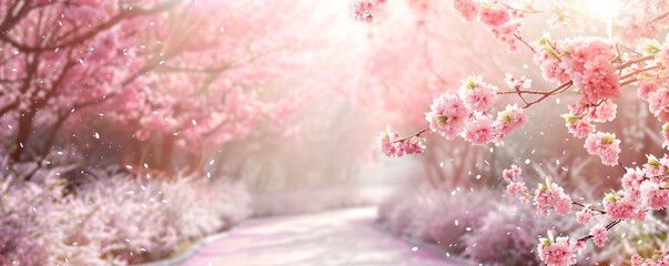 Sun shining through pink cherry blossom trees lining a path covered in flower petals