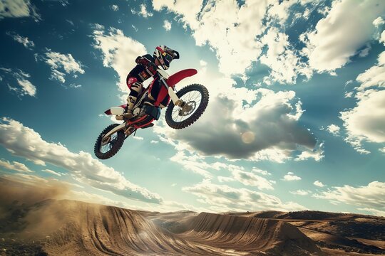 A motocross bike mid-air over a large jump, dramatic sky background