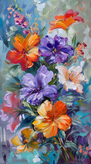 flowers on canvas Colorful floral background Oil color painting. Generative AI.