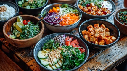 A wooden table topped with bowls of different types of food, AI