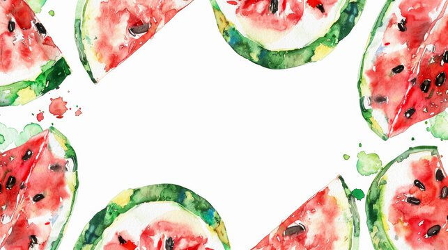 Bold watermelon fruit watercolor frame with central white text area, isolated on a white background 