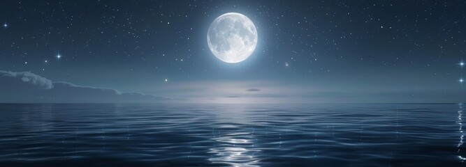 A romantic moon, clouds, and starry sky over a sparkling blue sea