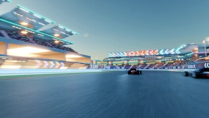 3d animation night formula race car speeding down illuminated track with cheering spectators