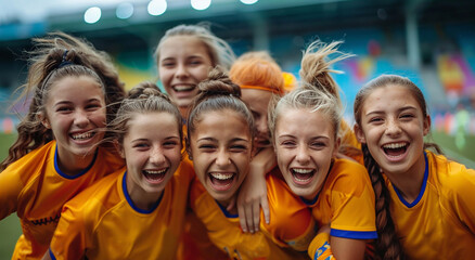 Obraz premium Portrait of young happy female soccer football players celebrating victory on stadium after match.Macro.AI Generative.