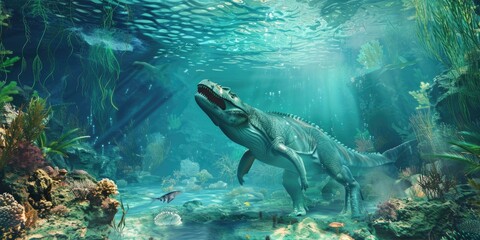 Naklejka premium Ancient Sea Dinosaur Underwater Scene