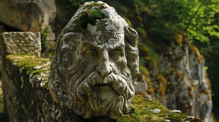 Fototapeta premium Weathered Stone Sculpture in Lush Forest Landscape