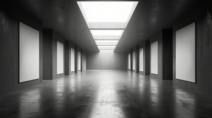 Fototapeta premium A contemporary interior features a series of blank, framed posters on dark walls, under a bright skylight. Concept of a modern art exhibition. Generative AI