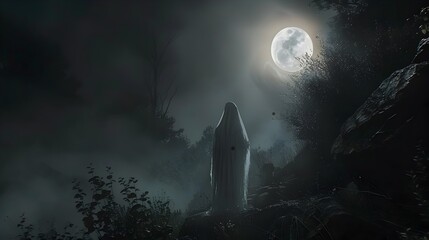 Shrouded Figure in Moonlit Forest Haunting Supernatural Mystery Landscape