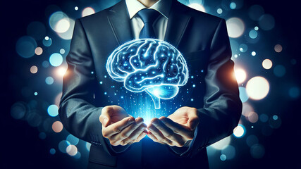 Businessperson holding a glowing holographic brain in darkness