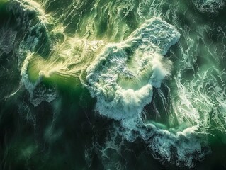 Top-down view of moody ocean waves, green sea water, churning currents, dramatic lighting, aerial perspective