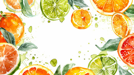 Playful citrus watercolor frame with central white text space, isolated on a white background 