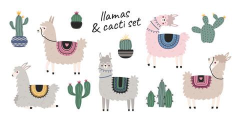 Llamas and cacti set. A colorful set of animal and plant stickers. 