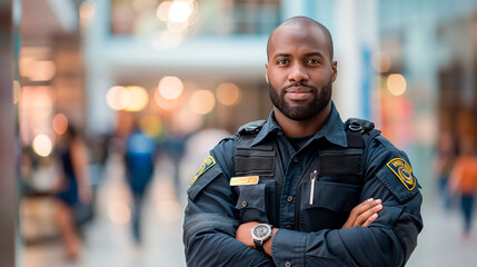Fototapeta premium Security guard in a mall, standing with crossed arms, smiling confidently, indoor blurred shopping center background, concept of safety and protection, Generative AI