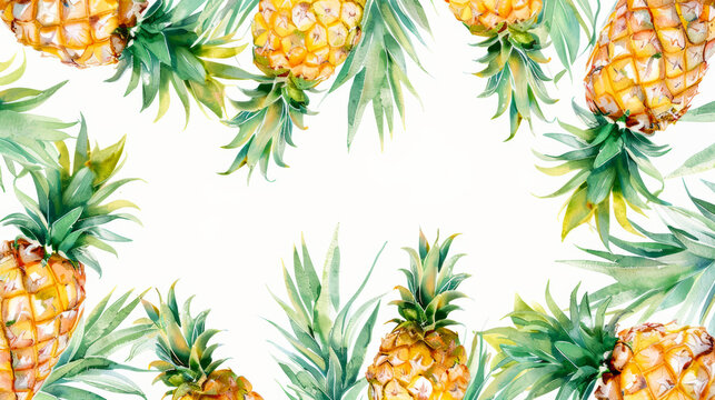 Playful pineapple fruit watercolor frame with central white text area, isolated on a white background 
