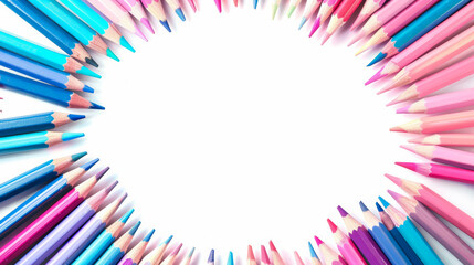 Fototapeta premium School notebooks and pencils in cheerful shades of pink and blue, watercolor frame with white empty space for text in the center isolated on a white background 