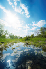Fototapeta premium 空, 青空, 雲, 草原, 池, 木, 森, パノラマ, sky, blue sky, clouds, meadow, pond, trees, forest, panorama