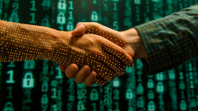 Close-up of two hands shaking with digital dots overlay, set against a dark background with binary code. Concept of digital handshake and cybersecurity.  Generative AI