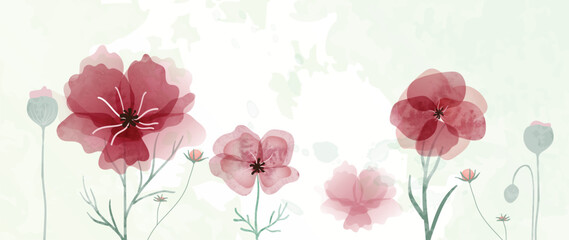 Abstract floral art background vector. Botanical watercolor hand drawn flowers paint brush line art. Design illustration for wallpaper, banner, print, poster, cover, greeting and invitation card.