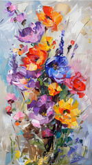 Oil painting flowers on canvas. Colorful floral background Oil color painting. Generative AI.