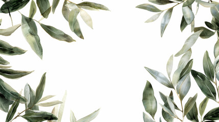Sophisticated olive leaf watercolor frame with blank white space for text, isolated on a white background 