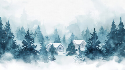 Winter cabins and evergreen trees in serene shades of teal and white, watercolor frame with white empty space for text in the center isolated on a white background 