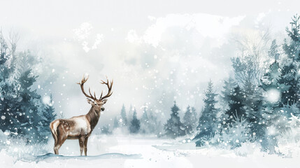 Winter forest with deer and snow in tranquil shades of white and gray, watercolor frame with white empty space for text in the center isolated on a white background 