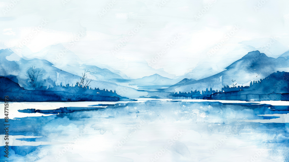 Sticker Winter landscape with frozen lake and distant mountains in cool shades of blue and white, watercolor frame with white empty space for text in the center isolated on a white background 