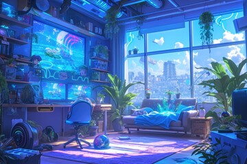 living room, aesthetic style, dreamy colors, light blue and purple tones, surrealism, high definition, glowing details, fantasy, fluorescent waves.