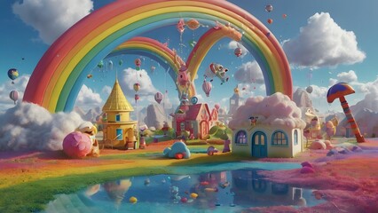 A surreal scene featuring a carnival surrounded by a variety of pastel-colored toys